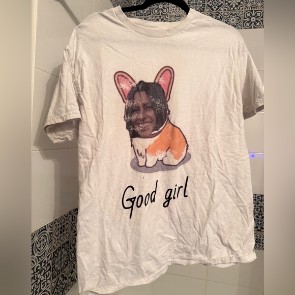 Gildan Tops - Gildan White Tee with Pink & Black Corgi Ear Graphic